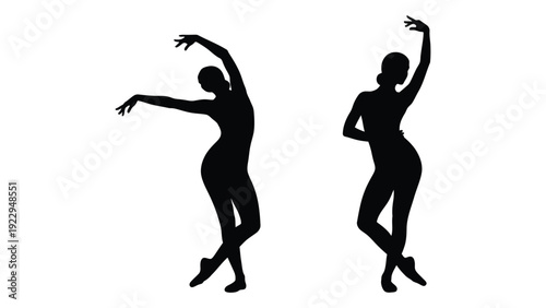 Two silhouetted figures in dynamic dance poses against a white background