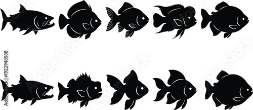 Black silhouette vector collection of various fish species featuring predatory fish with sharp teeth and decorative goldfish isolated on a white background.