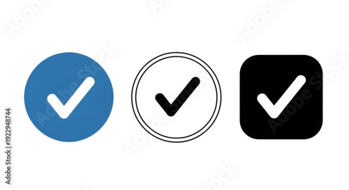 Three checkmark icons in different styles indicating approval or confirmation status isolated on transparent background, | Vector