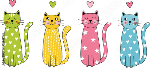 Collection of cute stylized cat illustrations in green yellow pink and blue colors with heart and star patterns and hearts above heads.