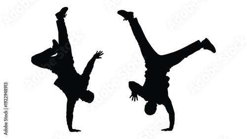 Two silhouetted figures performing dynamic breakdancing poses against a white background