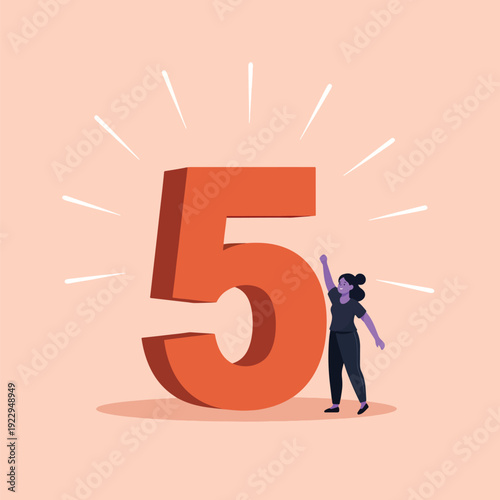 Individual celebrating a significant milestone with a prominent number five illustration