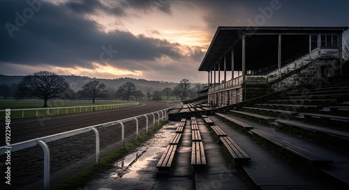 Dramatic view of empty racetrack grandstand under overcast sky