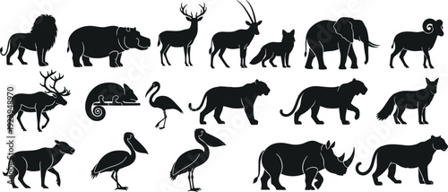 Large collection of wild animal silhouettes including lion, elephant, rhinoceros, tiger, deer, and exotic birds isolated on a clean white background for design.