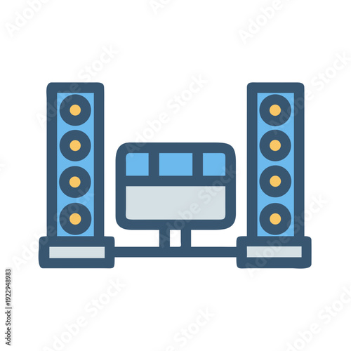 Iconic entertainment system design featuring speakers and a screen over a black background