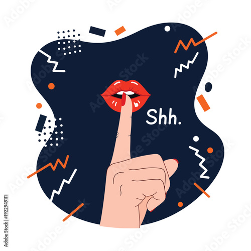 Vibrant Vector Graphic Depicting a Finger on Lips Gesture, Asking for Quiet or Secrecy