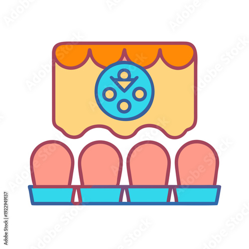 Illustration of a movie theater with seats and a screen display.