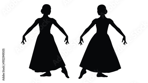 Two black silhouettes of women in traditional dresses facing each other