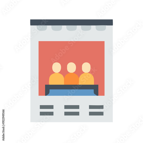 Flat illustration of webinar interface featuring generic faceless attendees, screen and controls