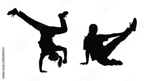 Silhouettes of two people performing dynamic breakdancing poses against a white background