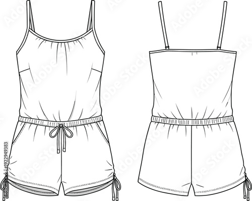Fashion flat sketch of casual spaghetti strap romper with drawstring waist and hem ties, technical CAD drawing, vector illustration