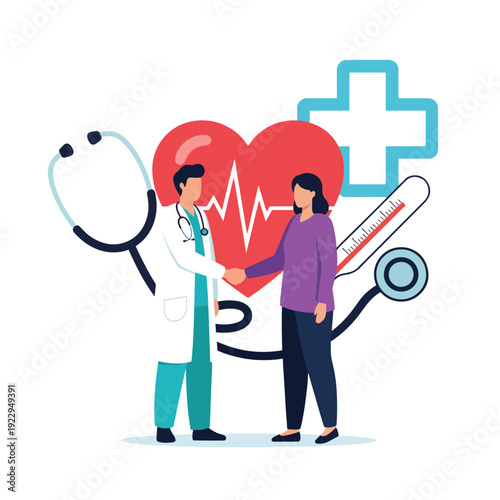 Doctor and patient shaking hands in a medical consultation, healthcare support vector illustration.
