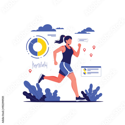Healthy lifestyle illustration: woman running, tracking fitness data and location