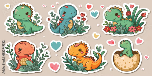 Cute Baby Dinosaur Sticker Set Illustration. Dinosaur with T Rex, Triceratops, Hatching Dino Egg, Leaves, Flowers and Heart Shapes Cartoon Kawaii Design