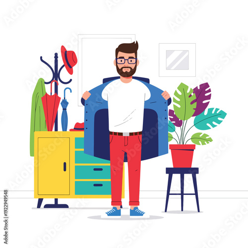Man Getting Ready at Home, Putting on Jacket in Entryway, Vector Illustration
