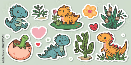 Adorable Dinosaur Sticker Collection Illustration with Baby T Rex, Triceratops, Hatching Egg, Green Plants, Flowers and Hearts Cute Cartoon Design