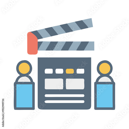 Stylized Illustration of a Movie Production Scene with People and Clapperboard