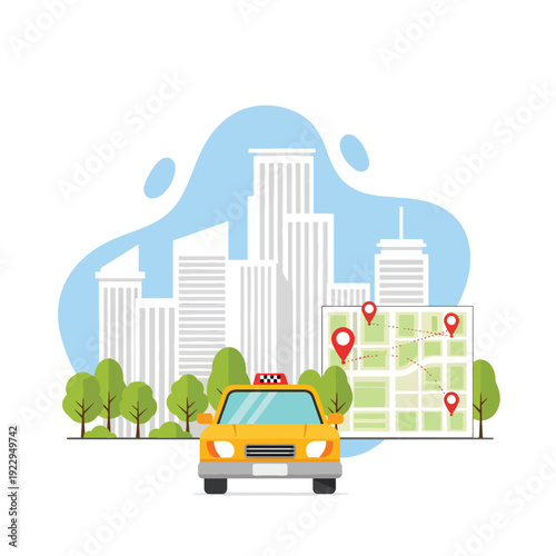 Urban Transportation: Yellow Vehicle Navigating City Routes with Map and Pins