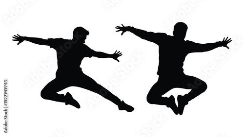 Two silhouetted figures jumping with arms outstretched appearing joyful and energetic