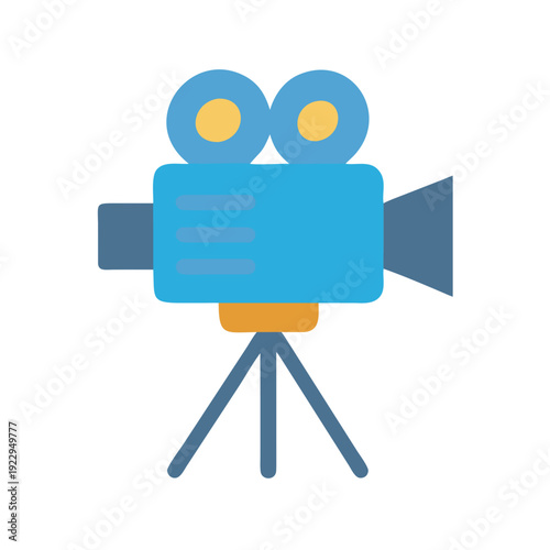Retro film camera on tripod isolated over black background in flat design