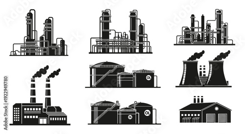 Set of black silhouette industrial factory buildings, oil refineries, and chemical plants on isolated white background