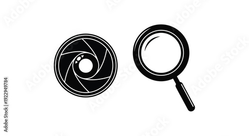 Black and white icons depicting a camera aperture and a magnifying glass