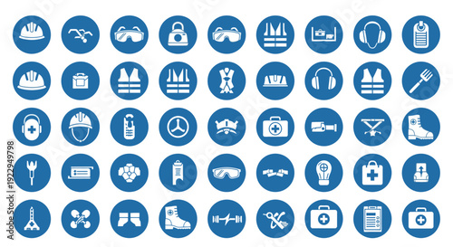Comprehensive set of industrial safety and personal protective equipment (PPE) icons on blue circles, isolated white background