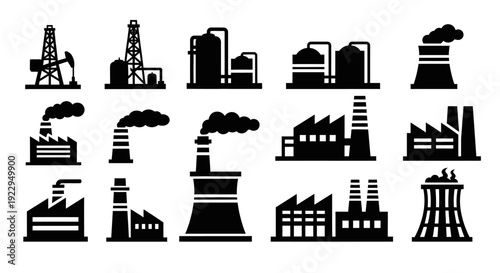 Comprehensive Set of Industrial Factories, Oil Rigs, and Power Plants Silhouette Icons, Isolated White Background
