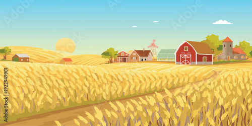 Golden Wheat Farm Landscape Illustration with Red Barn, Farmhouse, Sunrise Sky and Peaceful Rural Countryside Harvest Field Background Design