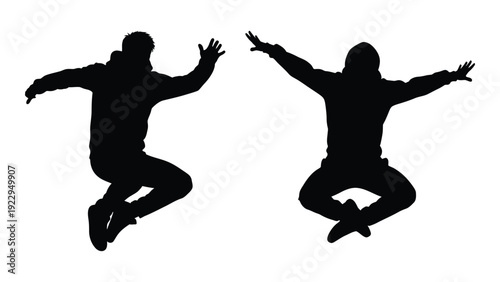 Two silhouettes of people jumping with arms outstretched captured in a dynamic pose