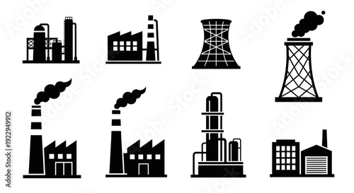 Set of Industrial Factory, Power Plant, and Oil Refinery Silhouette Icons, Isolated White Background