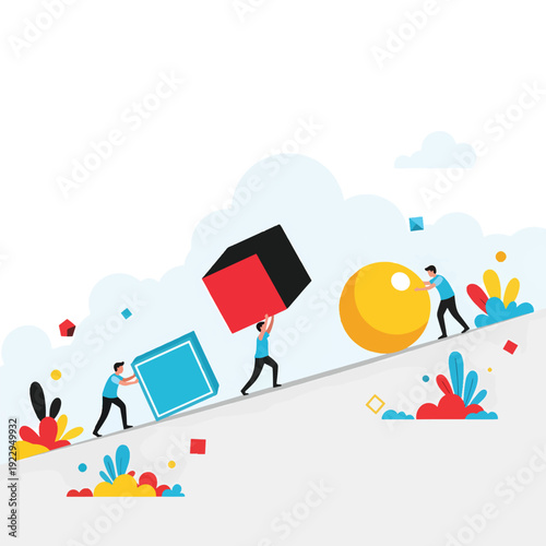 Team Effort Pushing and Carrying Various Geometric Forms Up a Steep Incline