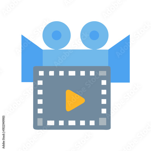 Retro style film camera icon with play button on a black background