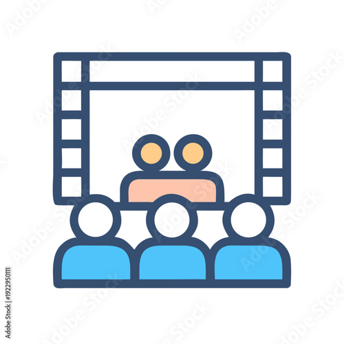 Theater Audience Icon with Performers on Stage, Line Art Illustration