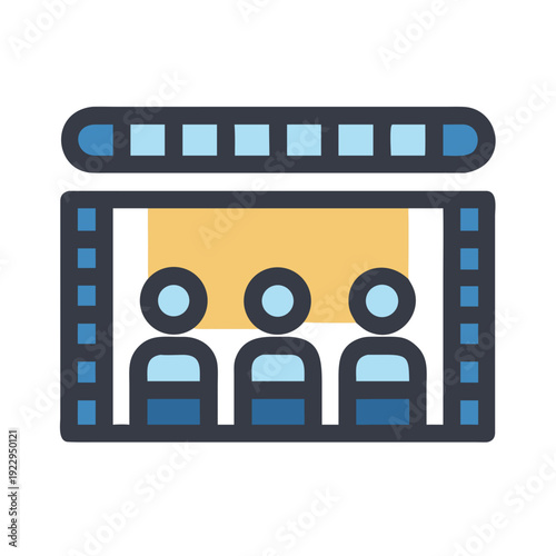 Minimalist illustration of people watching a movie in a vintage film strip