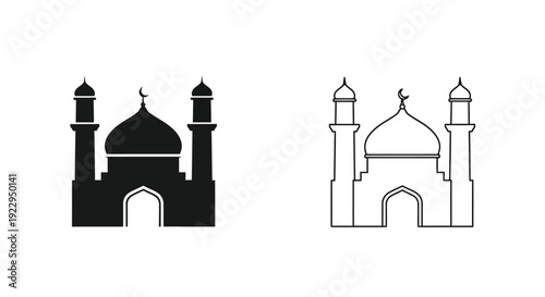 Two monochrome depictions of islamic mosques with minarets and domes