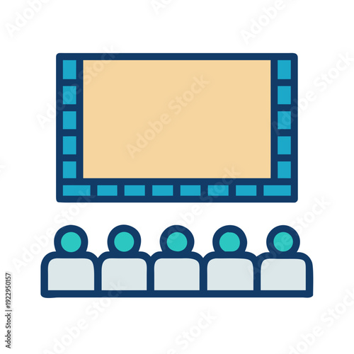 A simple illustration of a movie theater showing the screen and audience