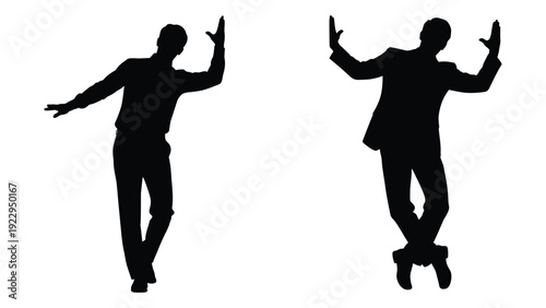 Two silhouetted figures with arms raised in a dynamic celebratory pose
