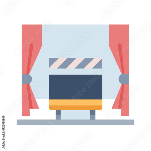 Flat vector illustration of a movie stage with a clapperboard and curtains