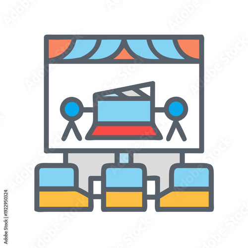 Stylized Movie Theater Illustration Featuring Seats and Stage on Black Background