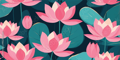 Pink Lotus Flower Pattern Illustration. Pink Lotus  with Blooming Water Lilies, Green Leaves and Elegant Floral Background Design