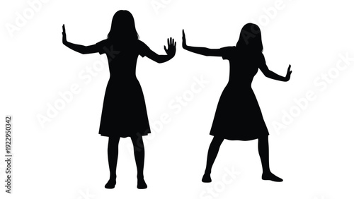 Two figures in silhouette pose with arms outstretched mirroring each other