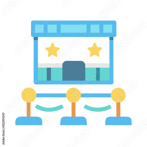 Cinema ticket box with gold stars and velvet ropes. Flat design icon