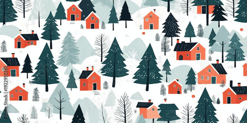 Winter Village Pattern Illustration. Winter Village  with Snowy Pine Trees, Small Red Houses, Forest Landscape and Cozy Scandinavian Style Background Design