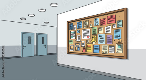 A modern hallway displays two blue doors and a large brown cork bulletin board covered with many colorful notes.