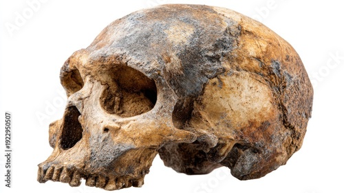 Ancient human skull, three-quarter view, showing age and wear