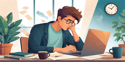Focused Student Studying Illustration.  Student Studying with Young Man Writing Notes, Laptop, Books, Coffee Cup, Wall Clock and Home Study Workspace Background Design
