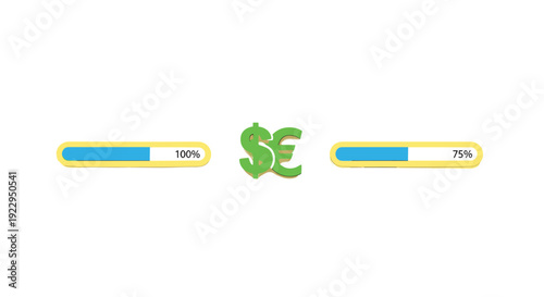 Two horizontal progress bars displaying 100 and 75 completion flank green dollar and euro currency symbols.
