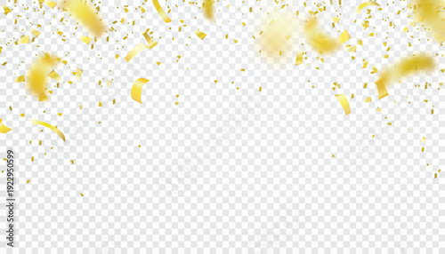 Golden Confetti and Streamers Overlay Collection Featuring Falling Ribbons, Sparkling Decorative Elements, and Transparent Background for Festive Celebration, Party Invitations, and Modern Graphics