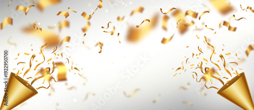 Golden Party Popper Overlay Collection Featuring Bursting Streamers, Confetti, and Gradient Background for Festive Celebration, New Year, Birthday, Achievement, and Modern Decorative Graphics